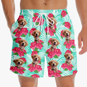Short de plage hawaïen personnalisé avec photo « Que l'été commence » pour chien et chat, short de plage hawaïen tropical Aloha pour homme - Cadeau de vacances d'été, cadeau d'anniversaire pour propriétaires d'animaux et amoureux des animaux.