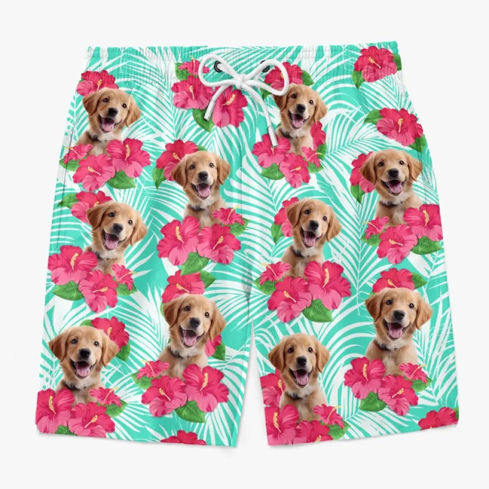 Short de plage hawaïen personnalisé avec photo « Que l'été commence » pour chien et chat, short de plage hawaïen tropical Aloha pour homme - Cadeau de vacances d'été, cadeau d'anniversaire pour propriétaires d'animaux et amoureux des animaux.