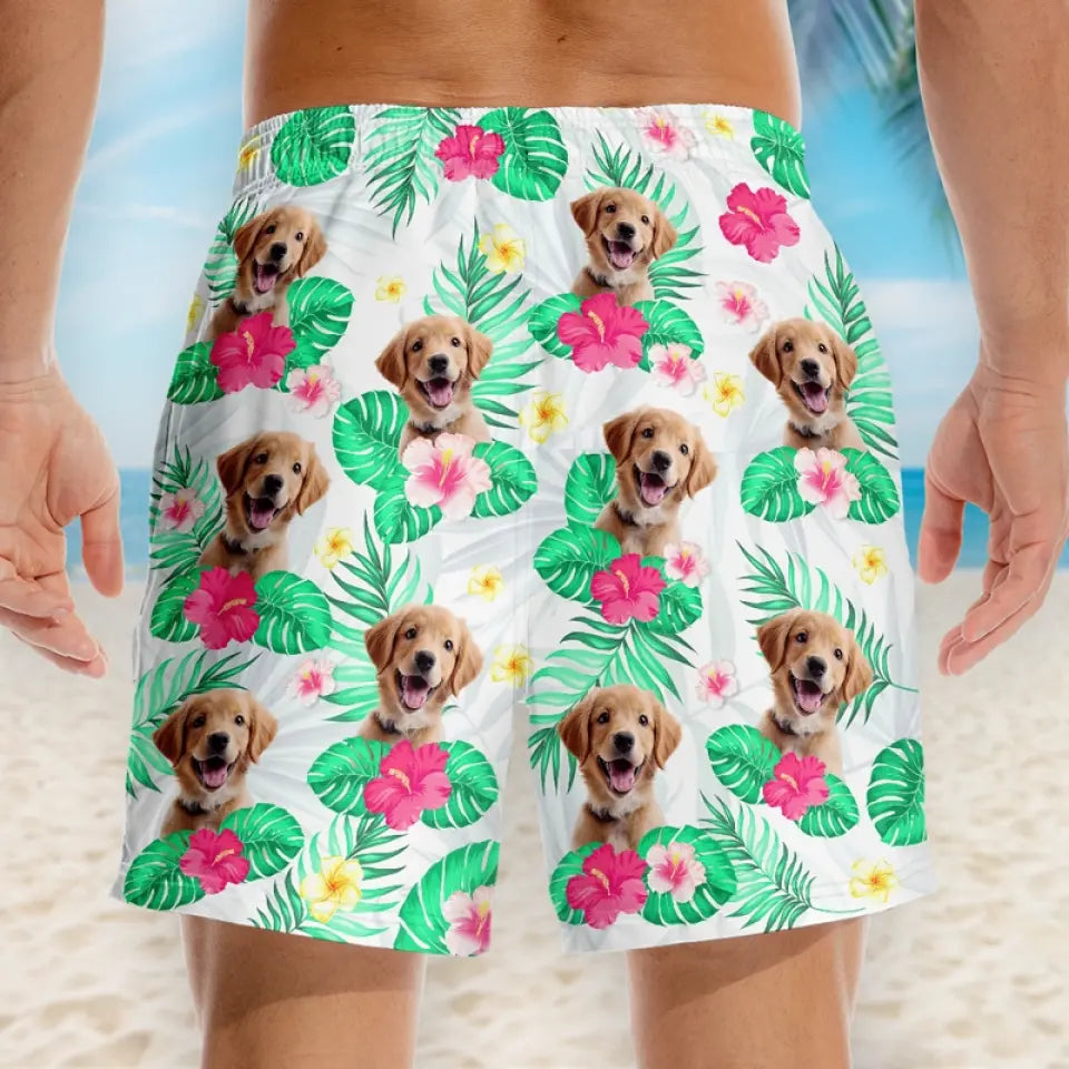 Short de plage hawaïen personnalisé avec photo « Ne vous inquiétez pas, soyez heureux » pour chien et chat. Short de plage hawaïen tropical Aloha pour homme. Cadeau idéal pour les vacances d'été, les anniversaires et les amoureux des animaux.