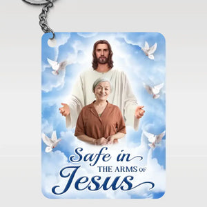 Porte-clés photo personnalisé « En sécurité dans les bras de Jésus » - Porte-clés personnalisé en acrylique - Cadeau de condoléances pour les membres de la famille