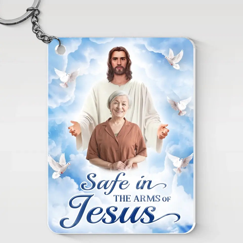 Porte-clés photo personnalisé « En sécurité dans les bras de Jésus » - Porte-clés personnalisé en acrylique - Cadeau de condoléances pour les membres de la famille