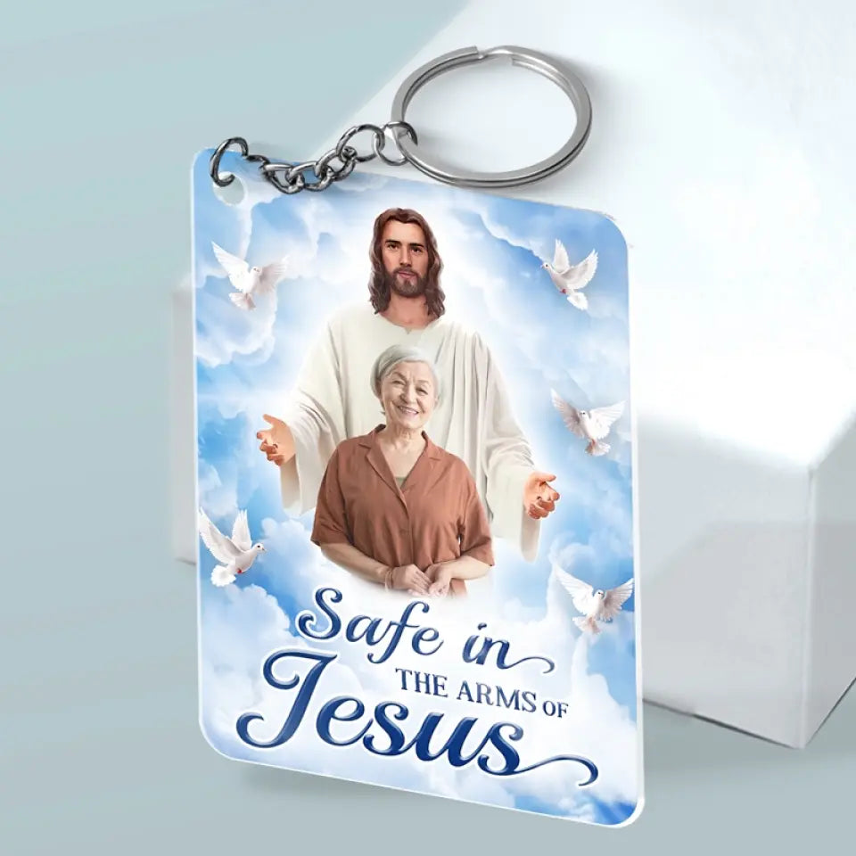 Porte-clés photo personnalisé « En sécurité dans les bras de Jésus » - Porte-clés personnalisé en acrylique - Cadeau de condoléances pour les membres de la famille