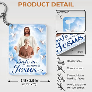 Porte-clés photo personnalisé « En sécurité dans les bras de Jésus » - Porte-clés personnalisé en acrylique - Cadeau de condoléances pour les membres de la famille