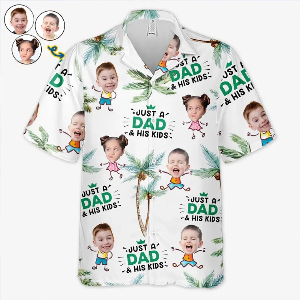 Photo personnalisée juste un père et ses enfants - Chemise hawaïenne tropicale unisexe personnalisée pour la famille - Cadeau de vacances d'été, cadeau pour papa, grand-père