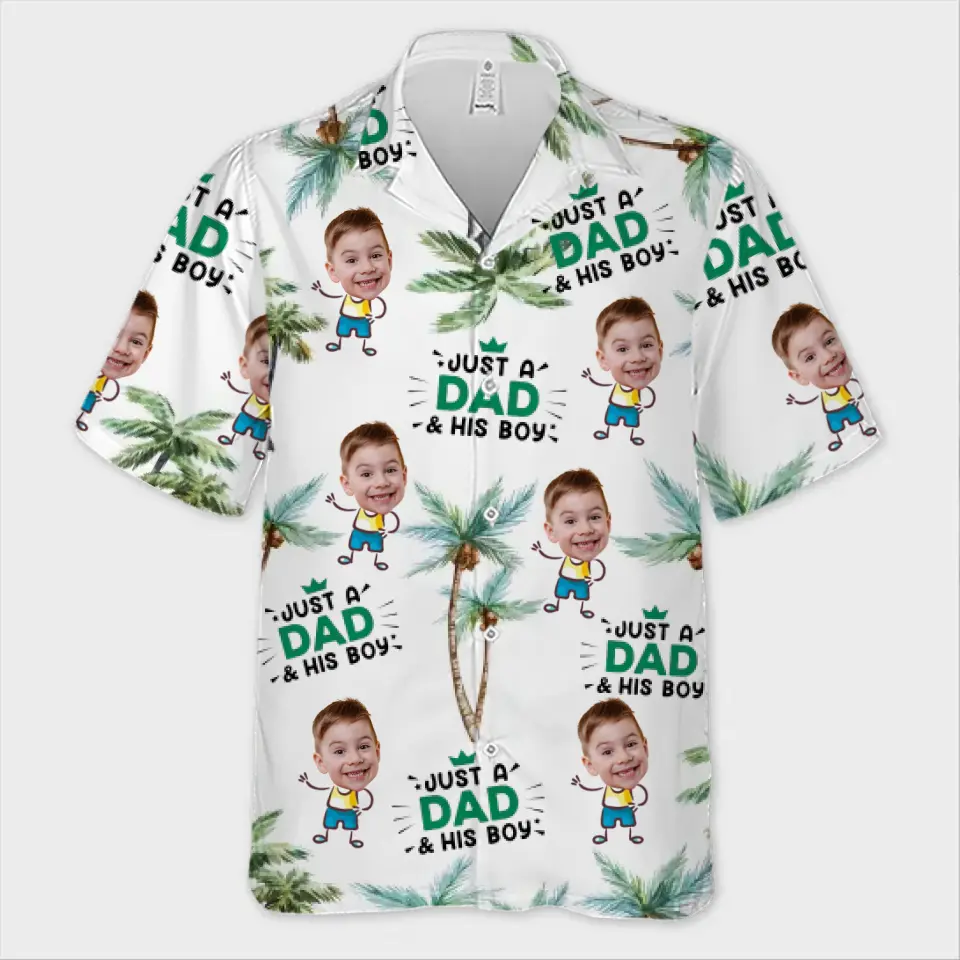 Photo personnalisée juste un père et ses enfants - Chemise hawaïenne tropicale unisexe personnalisée pour la famille - Cadeau de vacances d'été, cadeau pour papa, grand-père