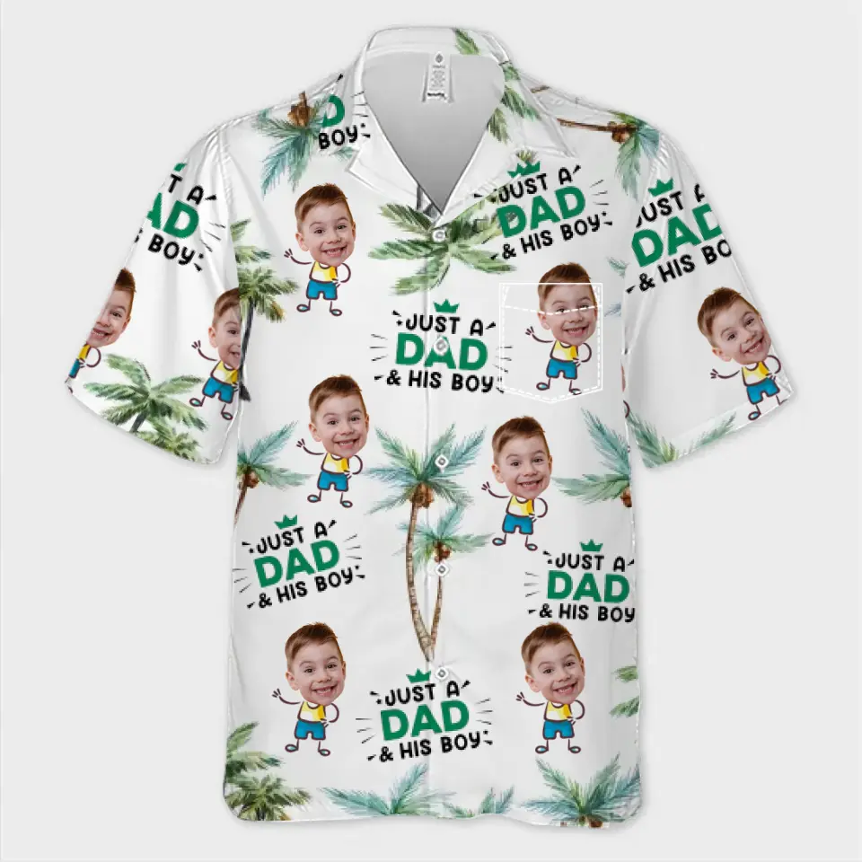 Photo personnalisée juste un père et ses enfants - Chemise hawaïenne tropicale unisexe personnalisée pour la famille - Cadeau de vacances d'été, cadeau pour papa, grand-père
