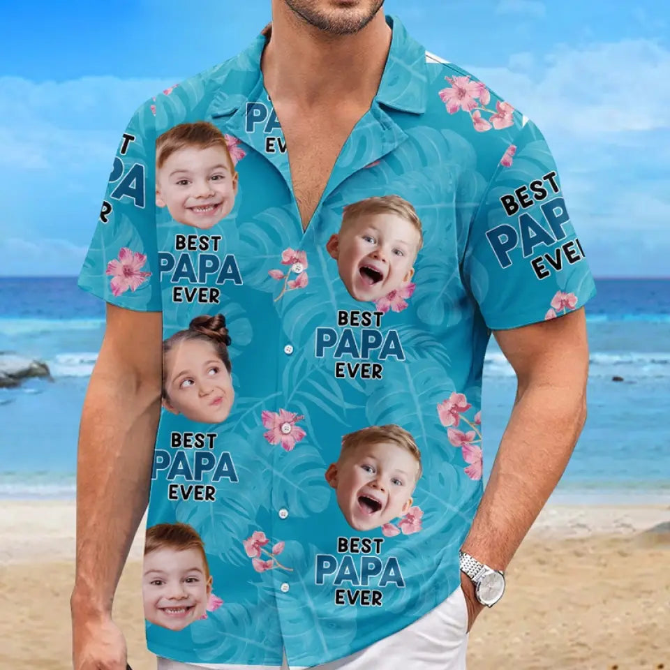 T-shirt hawaïen unisexe personnalisé avec photo « Meilleur papa de tous les temps » - Cadeau idéal pour les vacances d'été, les papas et les grands-pères