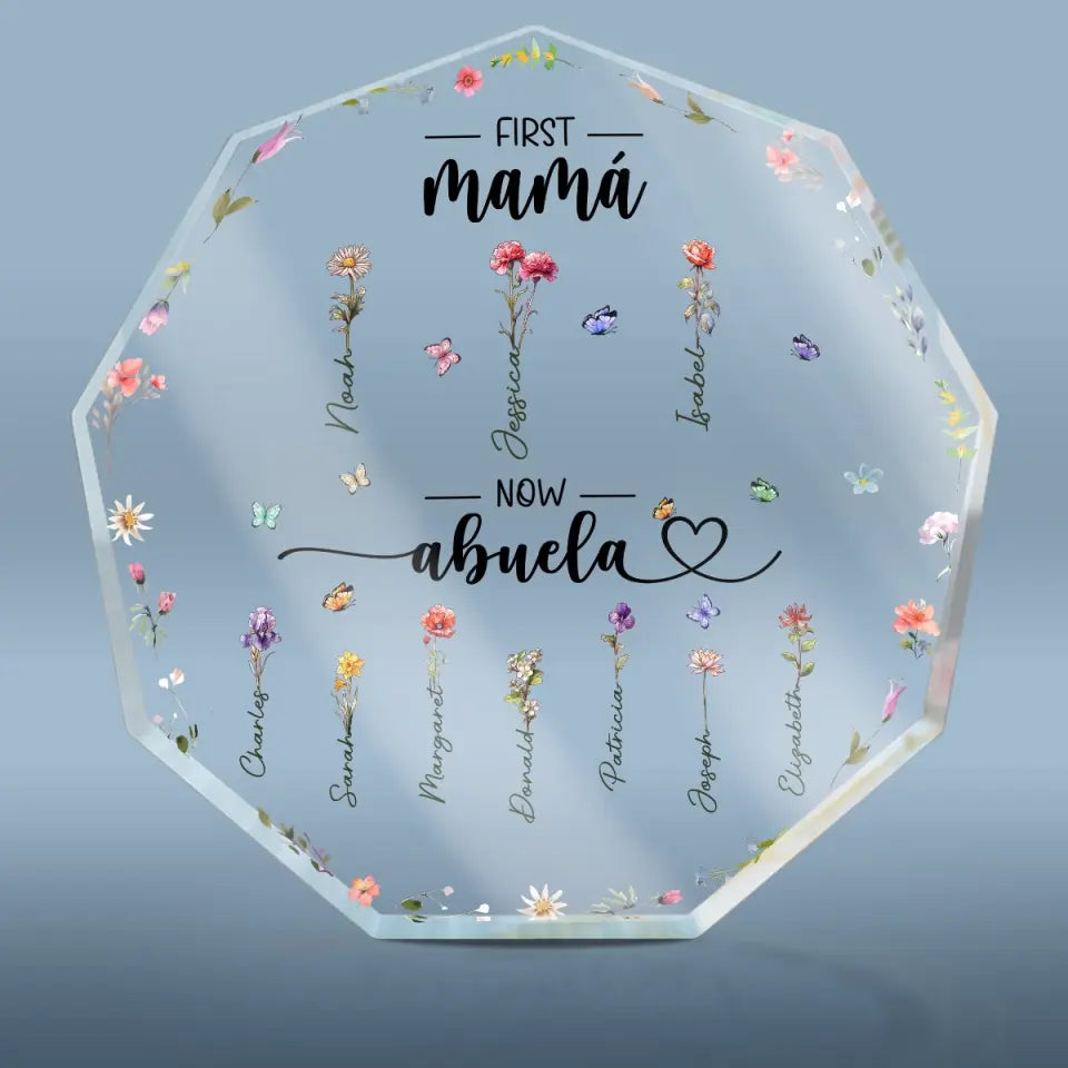Première maman, maintenant grand-mère - Plaque acrylique personnalisée en forme de nonagone pour la famille - Cadeau pour maman et grand-mère