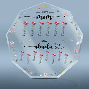 Première maman, maintenant grand-mère - Plaque acrylique personnalisée en forme de nonagone pour la famille - Cadeau pour maman et grand-mère