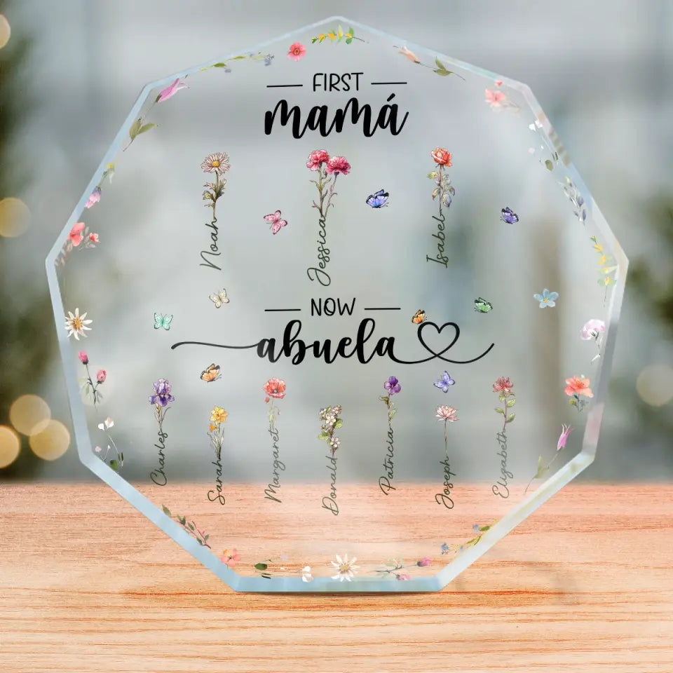 Première maman, maintenant grand-mère - Plaque acrylique personnalisée en forme de nonagone pour la famille - Cadeau pour maman et grand-mère