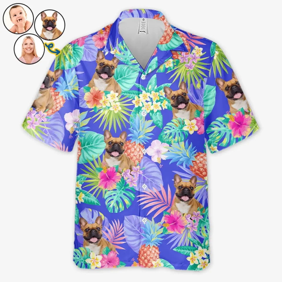 Photo personnalisée courant vers le soleil - T-shirt hawaïen unisexe personnalisé pour chien et chat - Cadeau de vacances d'été, cadeau pour propriétaires d'animaux et amoureux des animaux