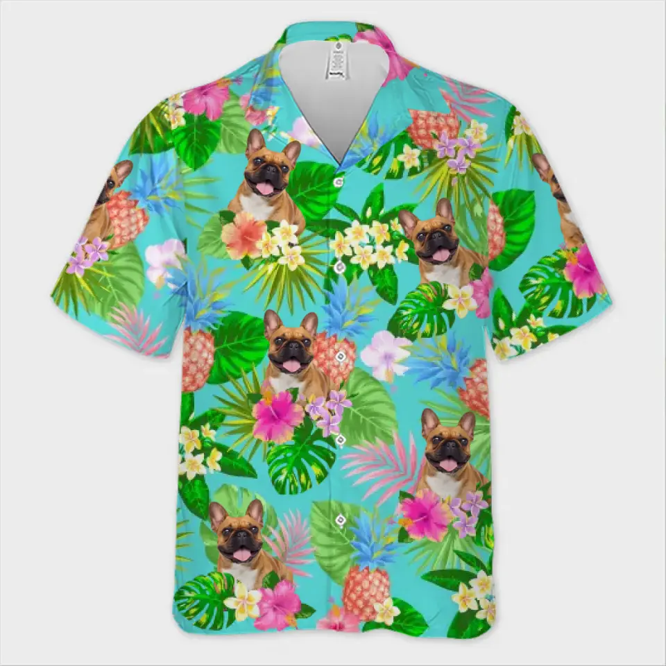 Photo personnalisée courant vers le soleil - T-shirt hawaïen unisexe personnalisé pour chien et chat - Cadeau de vacances d'été, cadeau pour propriétaires d'animaux et amoureux des animaux