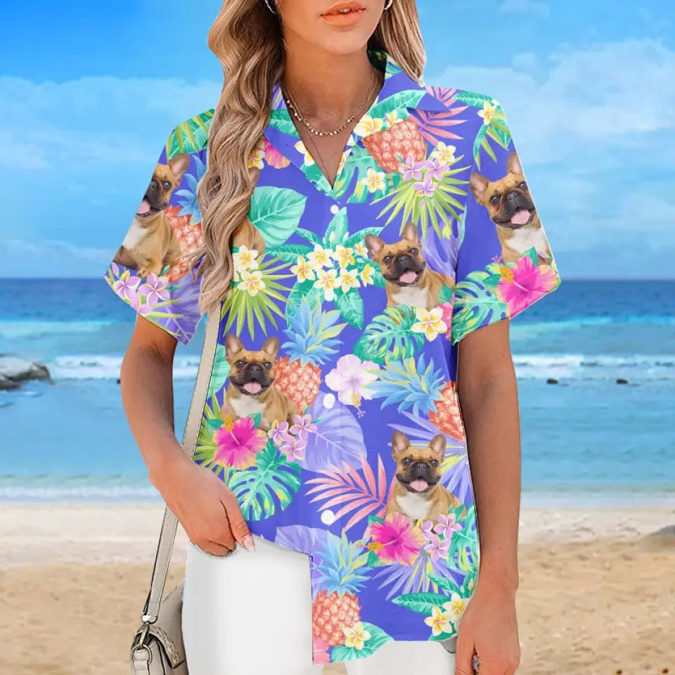 Photo personnalisée courant vers le soleil - T-shirt hawaïen unisexe personnalisé pour chien et chat - Cadeau de vacances d'été, cadeau pour propriétaires d'animaux et amoureux des animaux