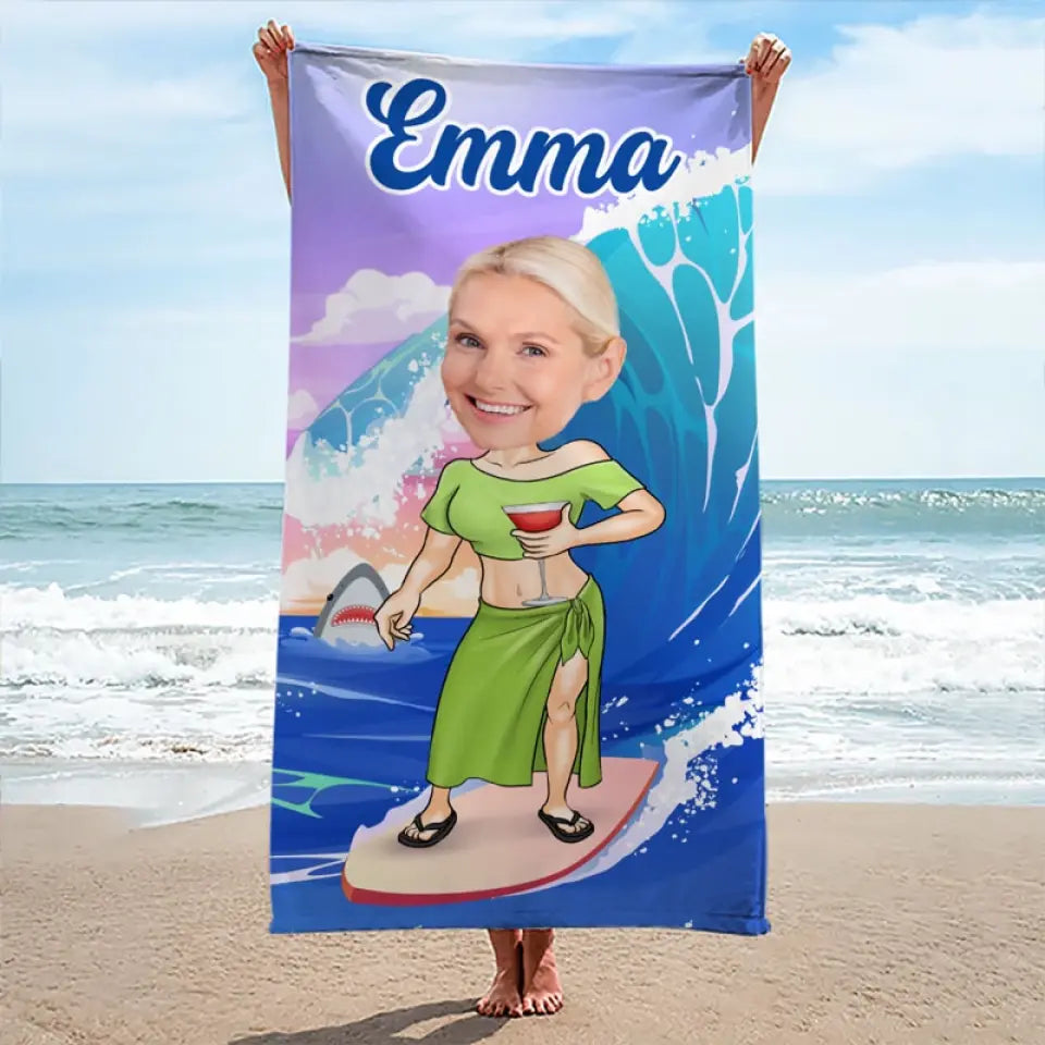 Serviette de plage personnalisée avec photo « Moi et l'océan » - Cadeau pour les vacances d'été, un anniversaire, une fête à la piscine, pour mari, femme et famille