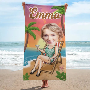 Serviette de plage personnalisée avec photo « Summer Vibes » pour toute la famille - Cadeau idéal pour les vacances d'été, un anniversaire ou une fête à la piscine.