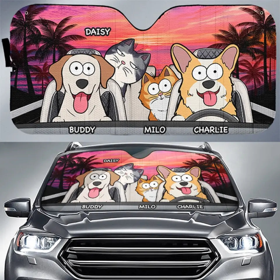 Pare-soleil personnalisé pour pare-brise de voiture, protection pour vitres de voiture, motif « Voyage heureux avec animaux de compagnie au coucher du soleil » - Cadeau pour propriétaires et amoureux des animaux