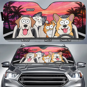 Pare-soleil personnalisé pour pare-brise de voiture, protection pour vitres de voiture, motif « Voyage heureux avec animaux de compagnie au coucher du soleil » - Cadeau pour propriétaires et amoureux des animaux