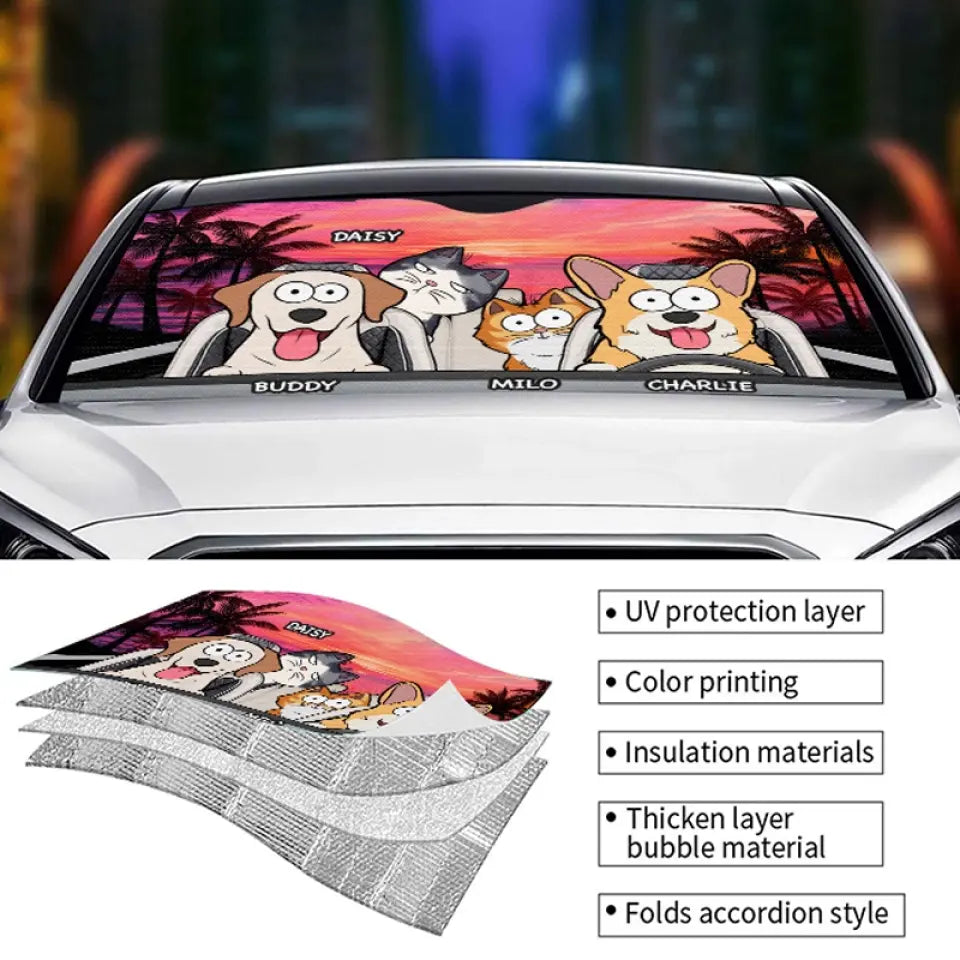 Pare-soleil personnalisé pour pare-brise de voiture, protection pour vitres de voiture, motif « Voyage heureux avec animaux de compagnie au coucher du soleil » - Cadeau pour propriétaires et amoureux des animaux