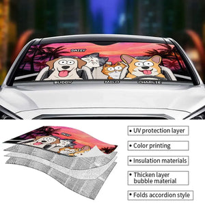 Pare-soleil personnalisé pour pare-brise de voiture, protection pour vitres de voiture, motif « Voyage heureux avec animaux de compagnie au coucher du soleil » - Cadeau pour propriétaires et amoureux des animaux