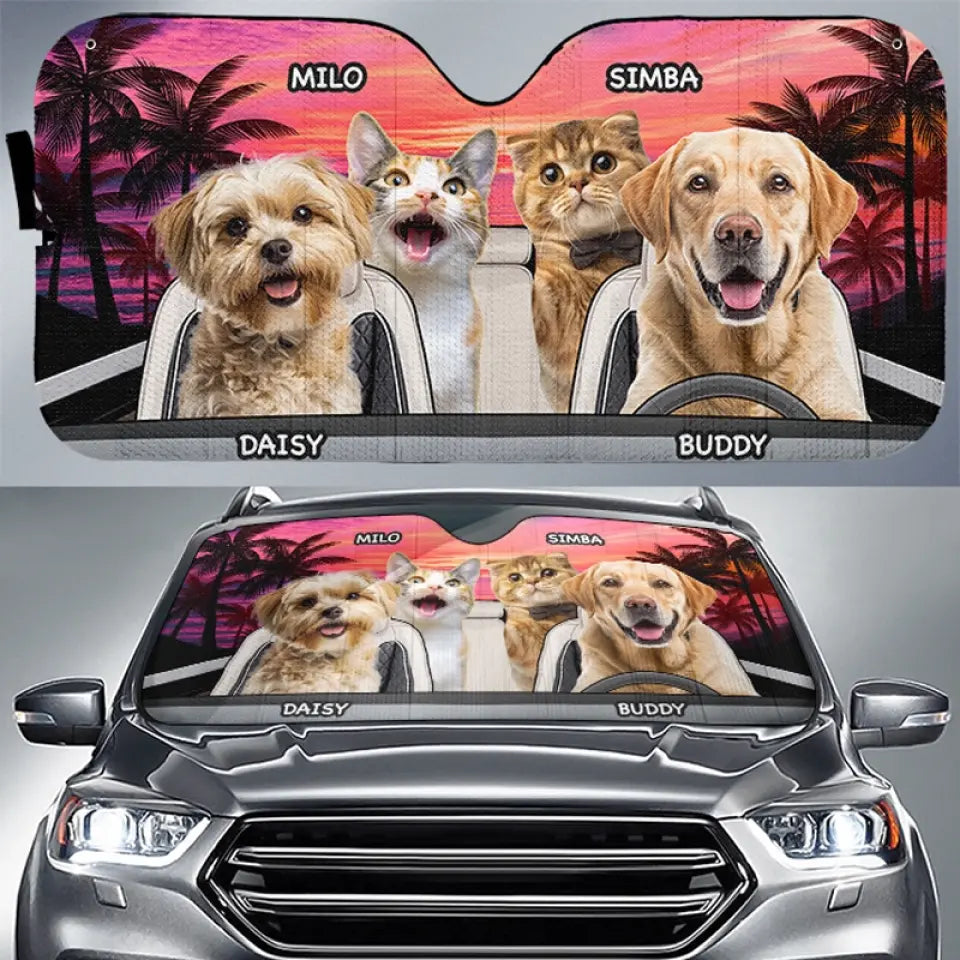 Pare-soleil personnalisé pour pare-brise de voiture, protection de vitres de voiture, photo d'animal de compagnie, voyage heureux au coucher du soleil, chien et chat, cadeau pour propriétaires et amoureux des animaux