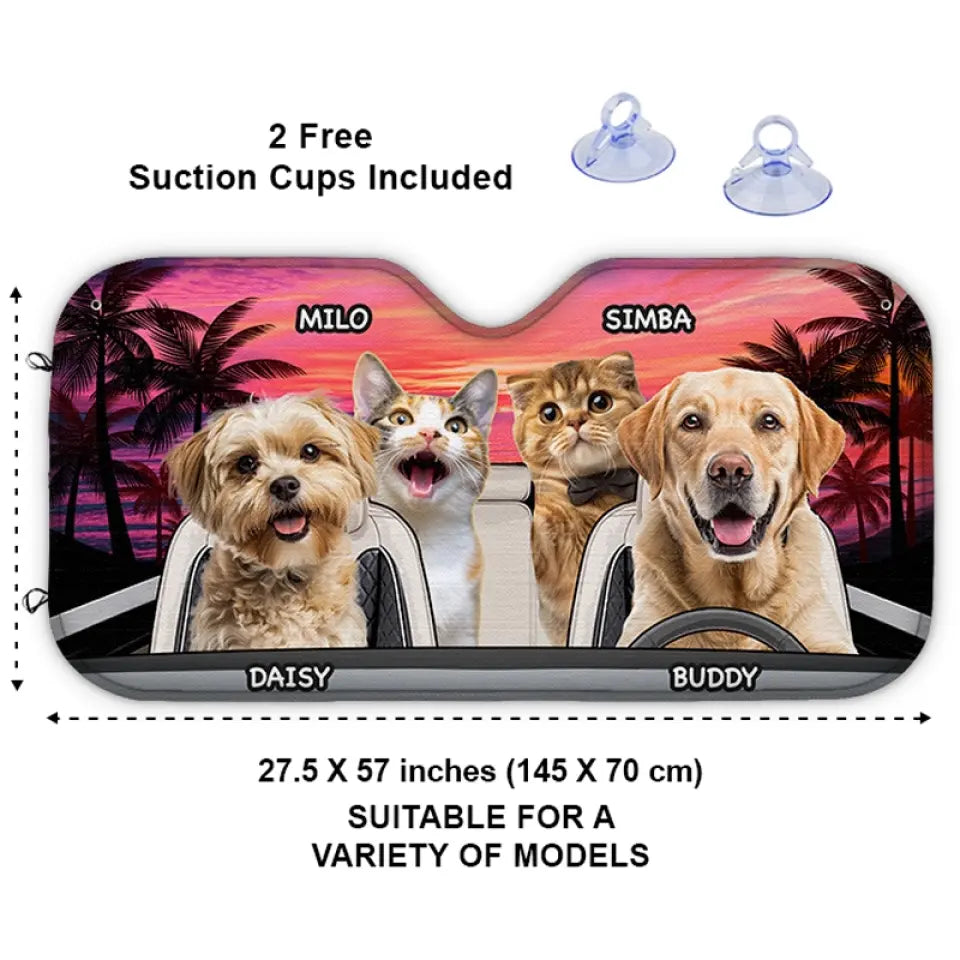 Pare-soleil personnalisé pour pare-brise de voiture, protection de vitres de voiture, photo d'animal de compagnie, voyage heureux au coucher du soleil, chien et chat, cadeau pour propriétaires et amoureux des animaux