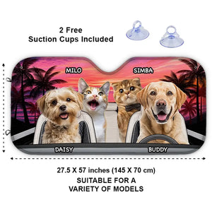 Pare-soleil personnalisé pour pare-brise de voiture, protection de vitres de voiture, photo d'animal de compagnie, voyage heureux au coucher du soleil, chien et chat, cadeau pour propriétaires et amoureux des animaux