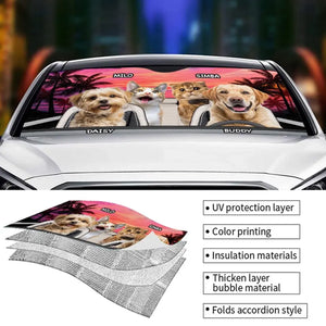 Pare-soleil personnalisé pour pare-brise de voiture, protection de vitres de voiture, photo d'animal de compagnie, voyage heureux au coucher du soleil, chien et chat, cadeau pour propriétaires et amoureux des animaux