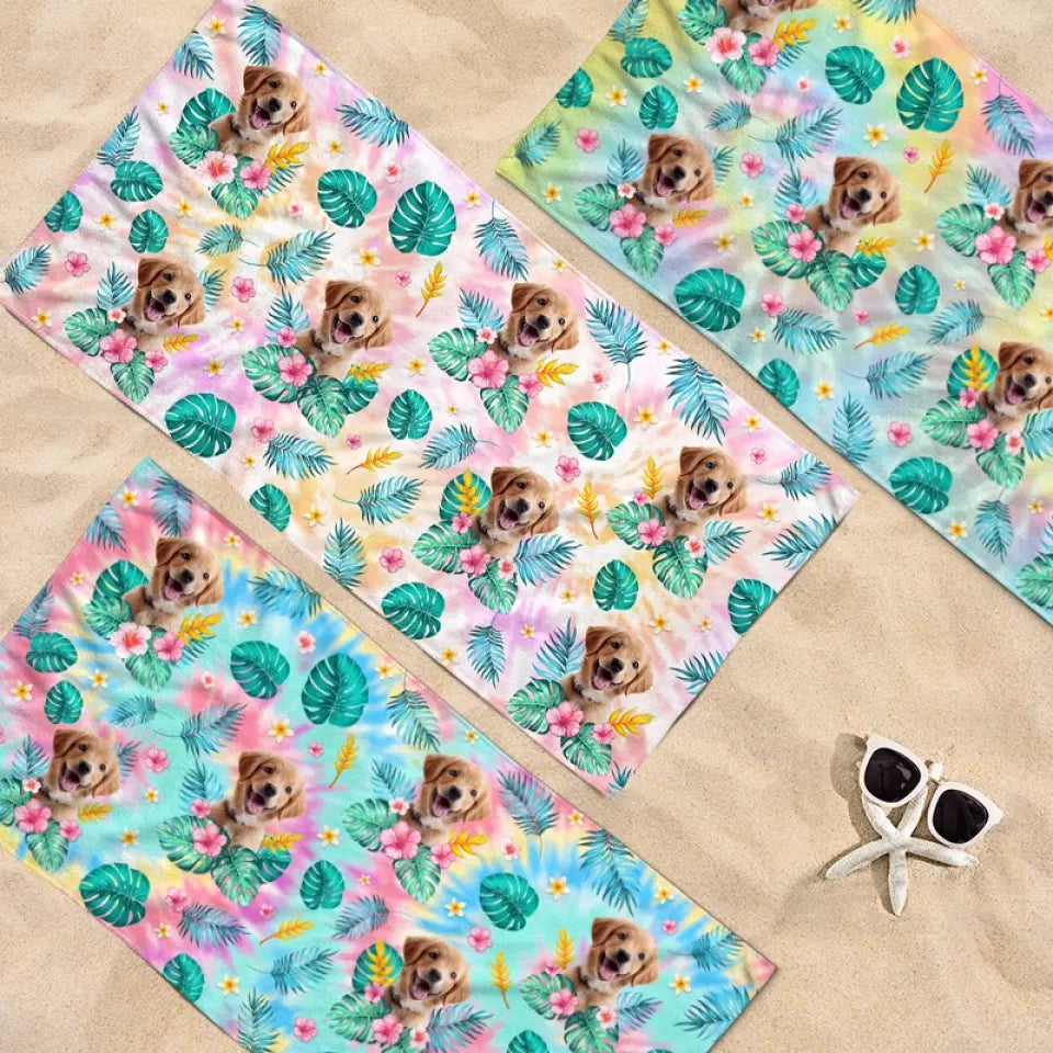 Photo personnalisée « Happy Tails In Summer Trails » - Chien
 Serviette de plage personnalisée avec chat - Cadeau de vacances d'été, cadeau d'anniversaire pour les propriétaires d'animaux et les amoureux des animaux