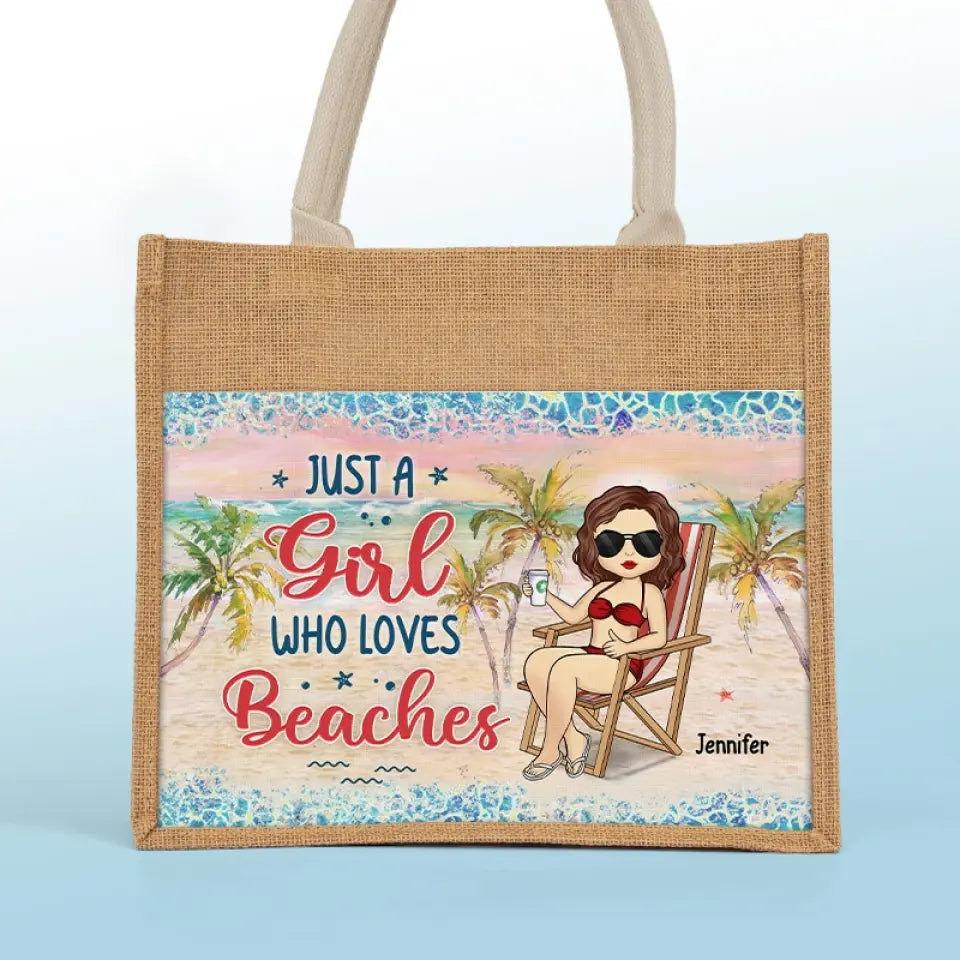 Juste une fille qui aime la plage - Sacs fourre-tout personnalisés, sacs fourre-tout en jute, sacs de plage - Cadeau pour meilleures amies, meilleures amies, sœurs