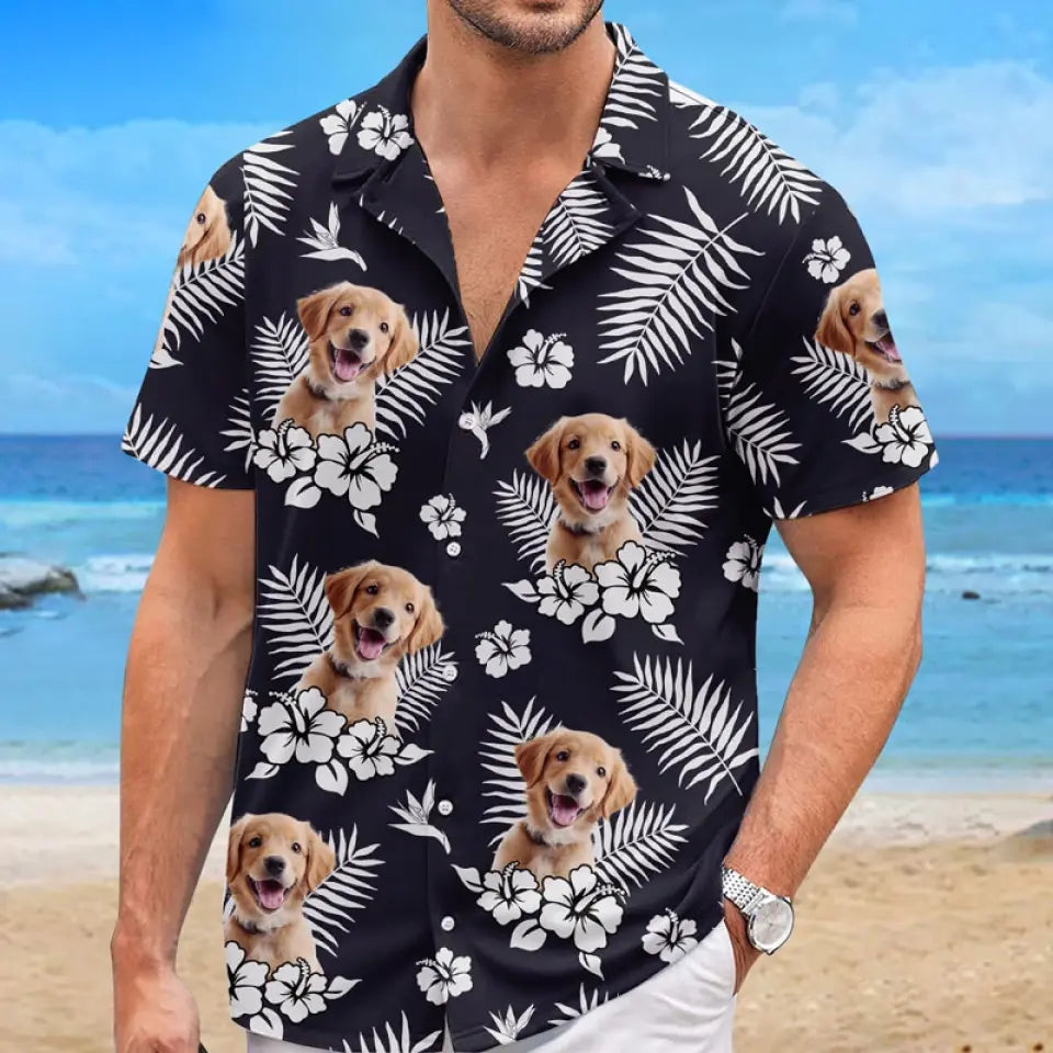 T-shirt hawaïen unisexe personnalisé avec photo « La vie est courte, partez à la plage » pour chien et chat. Cadeau idéal pour les vacances d'été, les propriétaires d'animaux et les amoureux des animaux.