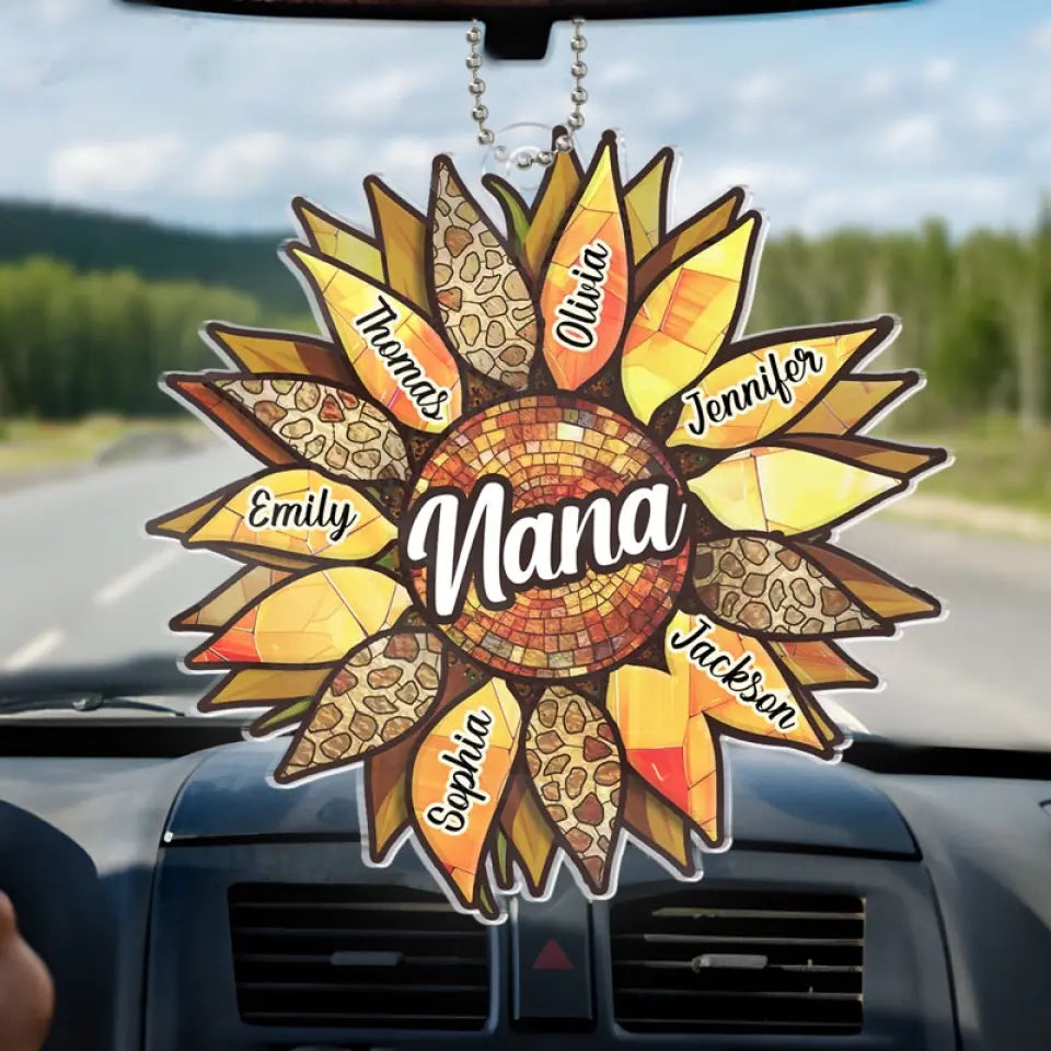 Nous sommes forts et brillants comme les tournesols - Ornement de voiture personnalisé pour la famille - Forme personnalisée en acrylique - Cadeau pour maman, grand-mère