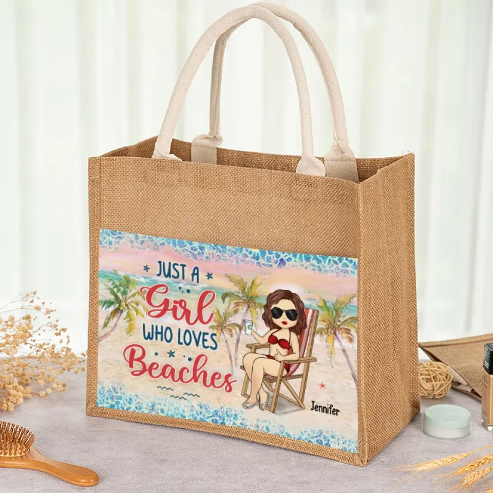 Juste une fille qui aime la plage - Sacs fourre-tout personnalisés, sacs fourre-tout en jute, sacs de plage - Cadeau pour meilleures amies, meilleures amies, sœurs