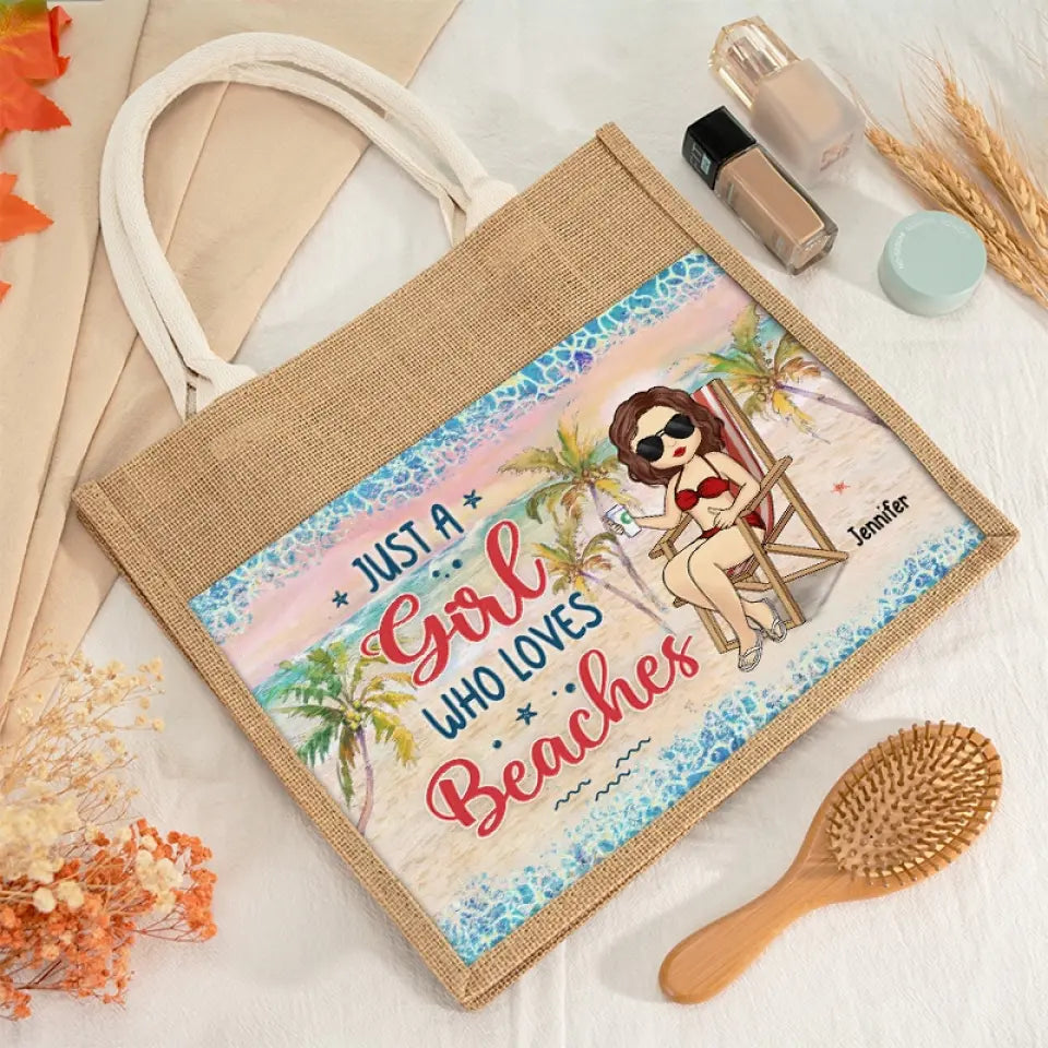 Juste une fille qui aime la plage - Sacs fourre-tout personnalisés, sacs fourre-tout en jute, sacs de plage - Cadeau pour meilleures amies, meilleures amies, sœurs