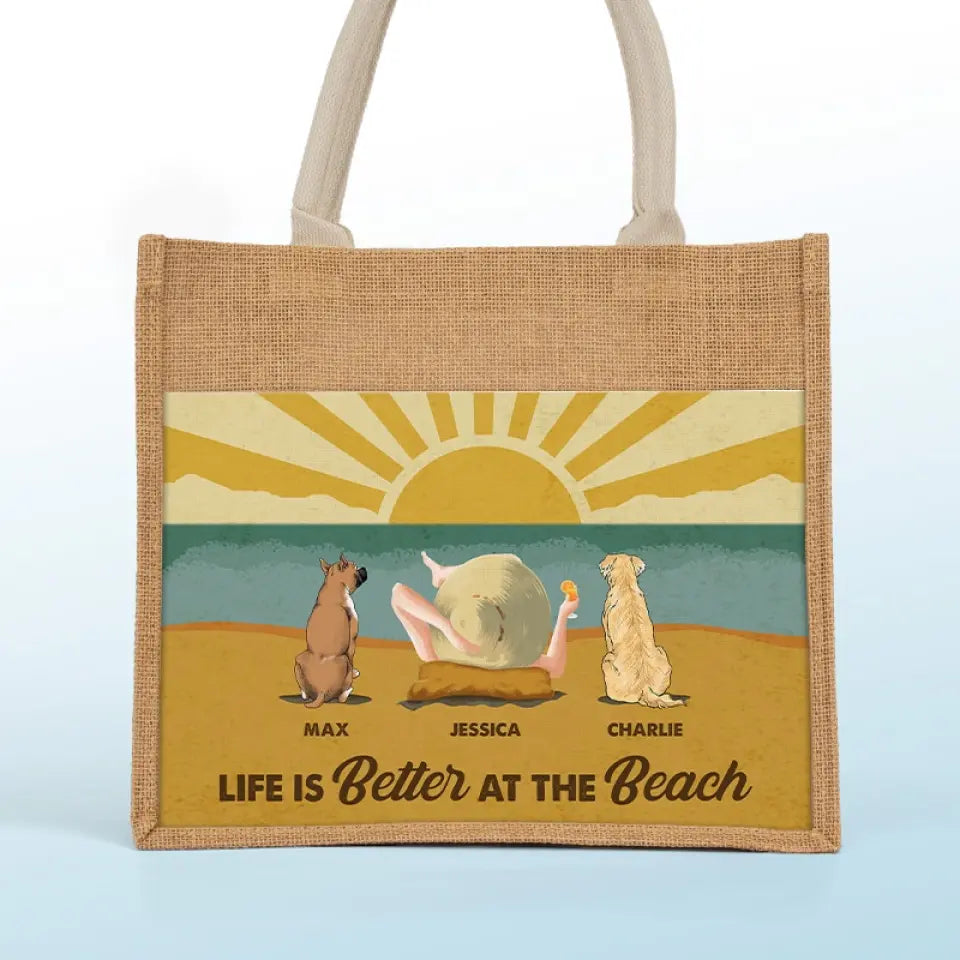 La vie est meilleure à la plage, ambiance estivale ! Sacs fourre-tout personnalisés pour chien, sacs fourre-tout en jute, sacs de plage ! Cadeau pour les propriétaires et les amoureux des animaux.
