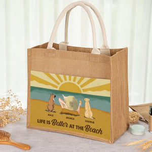 La vie est meilleure à la plage, ambiance estivale ! Sacs fourre-tout personnalisés pour chien, sacs fourre-tout en jute, sacs de plage ! Cadeau pour les propriétaires et les amoureux des animaux.