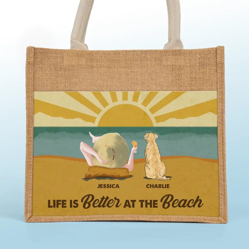 La vie est meilleure à la plage, ambiance estivale ! Sacs fourre-tout personnalisés pour chien, sacs fourre-tout en jute, sacs de plage ! Cadeau pour les propriétaires et les amoureux des animaux.