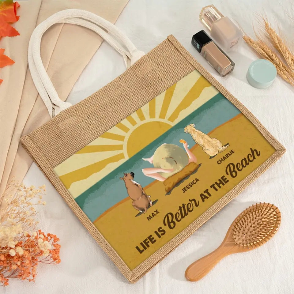 La vie est meilleure à la plage, ambiance estivale ! Sacs fourre-tout personnalisés pour chien, sacs fourre-tout en jute, sacs de plage ! Cadeau pour les propriétaires et les amoureux des animaux.
