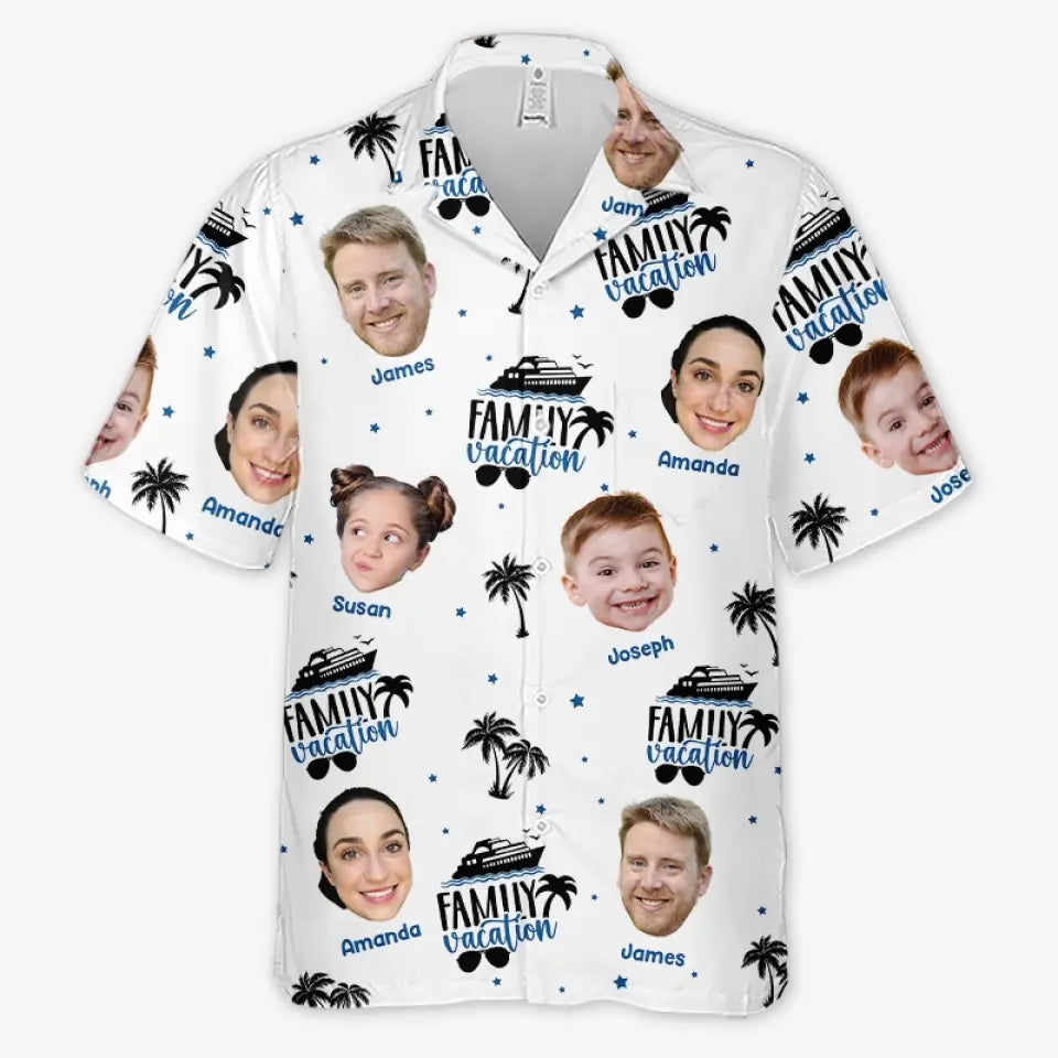 Photo personnalisée « Le bonheur est une journée d'été en famille » - T-shirt hawaïen tropical unisexe personnalisé pour la famille - Cadeau de vacances d'été pour les membres de la famille
