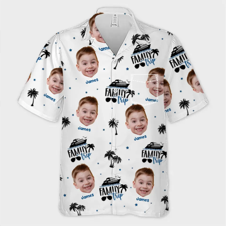 Photo personnalisée « Le bonheur est une journée d'été en famille » - T-shirt hawaïen tropical unisexe personnalisé pour la famille - Cadeau de vacances d'été pour les membres de la famille