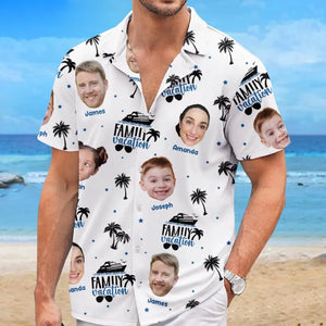 Photo personnalisée « Le bonheur est une journée d'été en famille » - T-shirt hawaïen tropical unisexe personnalisé pour la famille - Cadeau de vacances d'été pour les membres de la famille