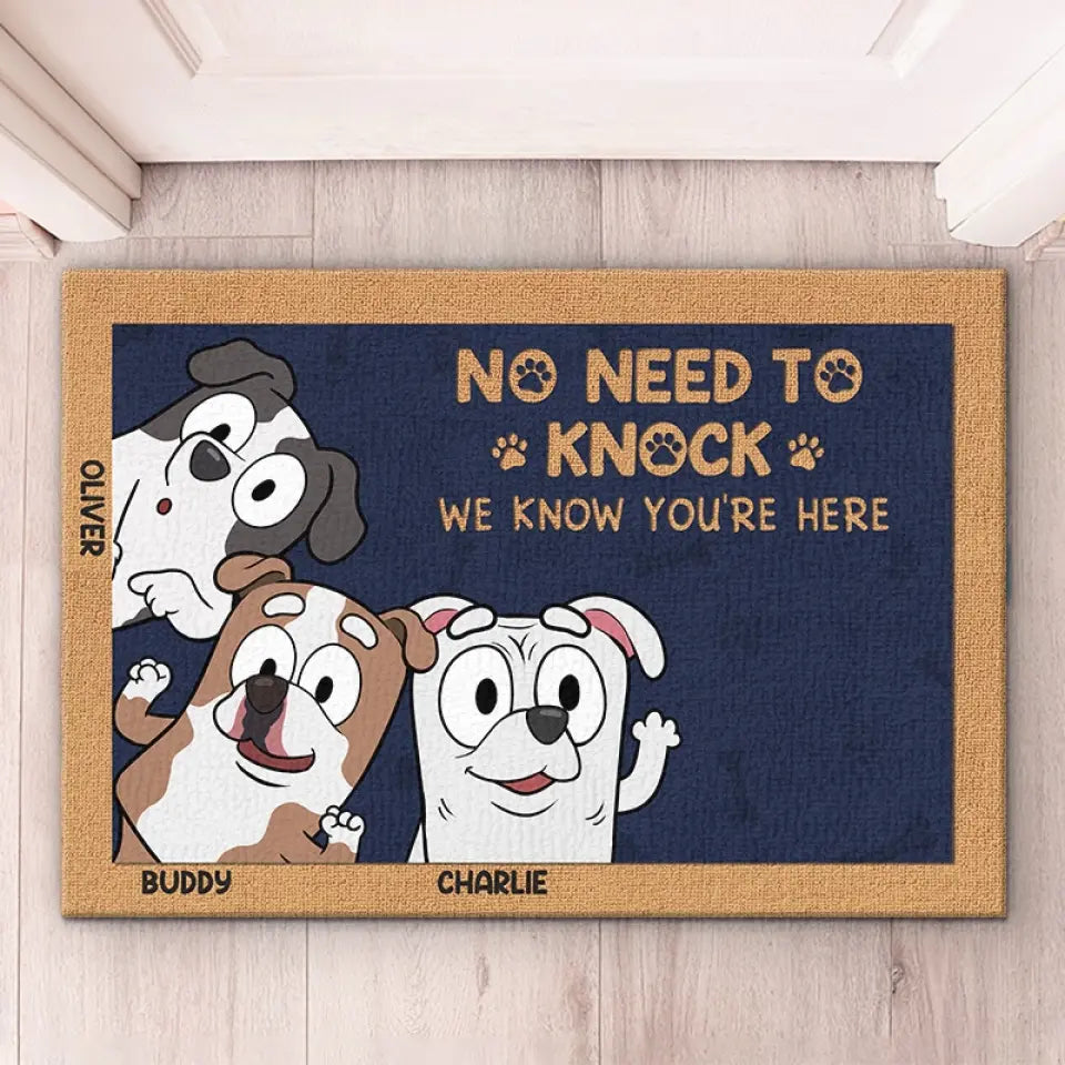 Bienvenue, nous savons que vous êtes là - Tapis décoratif personnalisé pour chien - Cadeau de pendaison de crémaillère pour les propriétaires d'animaux et les amoureux des animaux