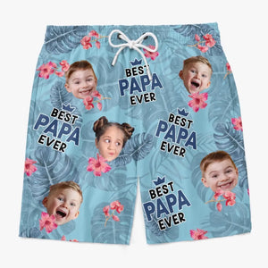 Short de plage hawaïen tropical personnalisé avec photo « Meilleur papa de tous les temps » - Cadeau de vacances d'été pour papa et grand-père