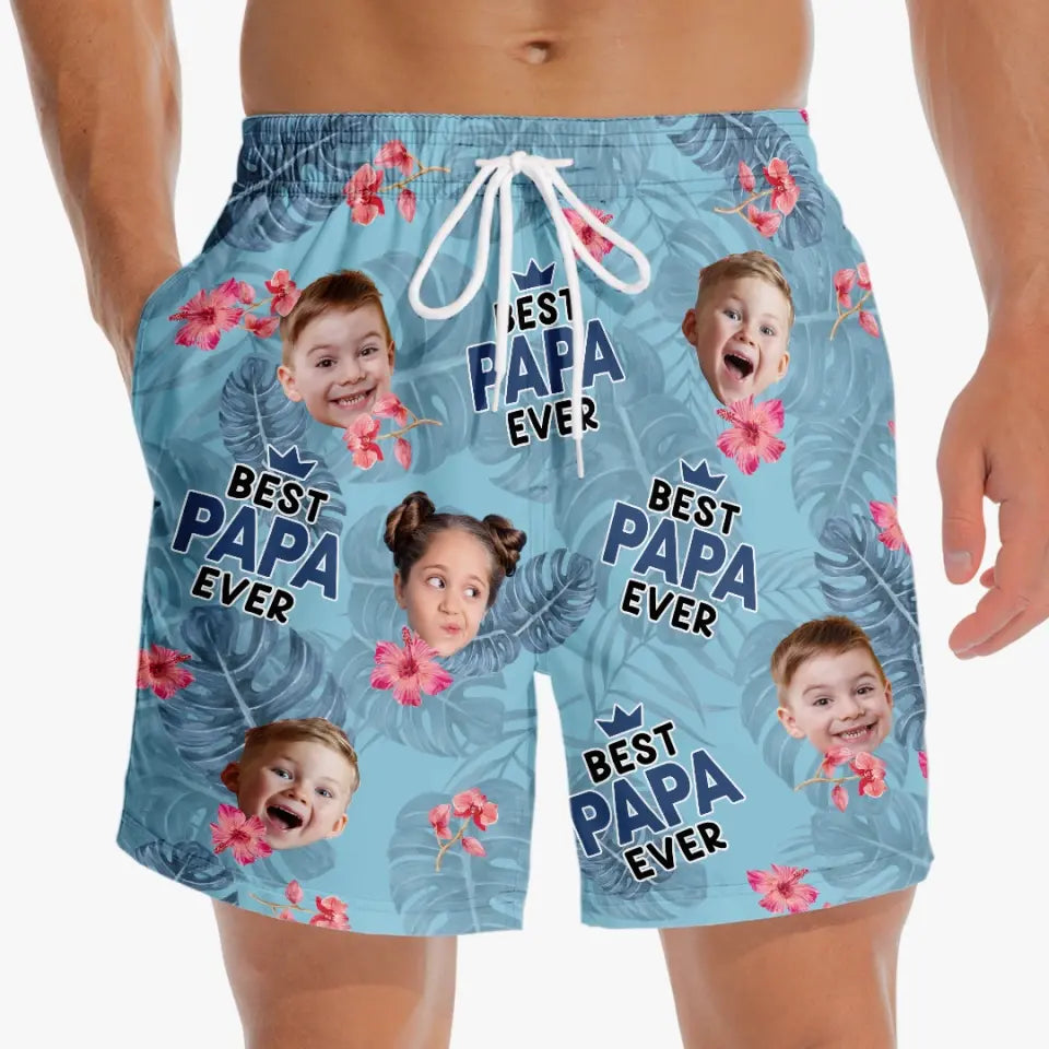 Short de plage hawaïen tropical personnalisé avec photo « Meilleur papa de tous les temps » - Cadeau de vacances d'été pour papa et grand-père