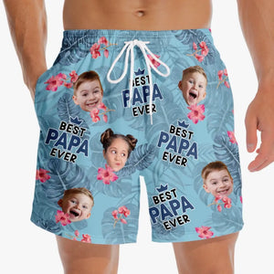 Short de plage hawaïen tropical personnalisé avec photo « Meilleur papa de tous les temps » - Cadeau de vacances d'été pour papa et grand-père