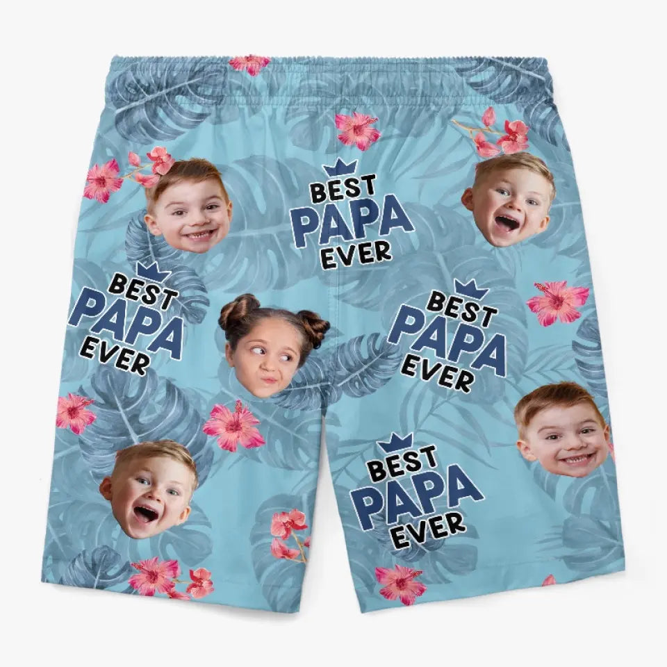 Short de plage hawaïen tropical personnalisé avec photo « Meilleur papa de tous les temps » - Cadeau de vacances d'été pour papa et grand-père