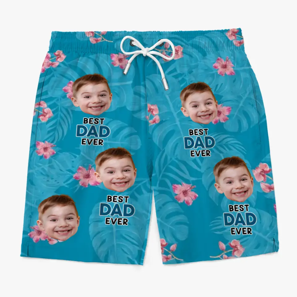 Short de plage hawaïen tropical personnalisé avec photo « Meilleur papa de tous les temps » - Cadeau de vacances d'été pour papa et grand-père