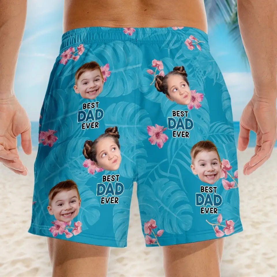 Short de plage hawaïen tropical personnalisé avec photo « Meilleur papa de tous les temps » - Cadeau de vacances d'été pour papa et grand-père
