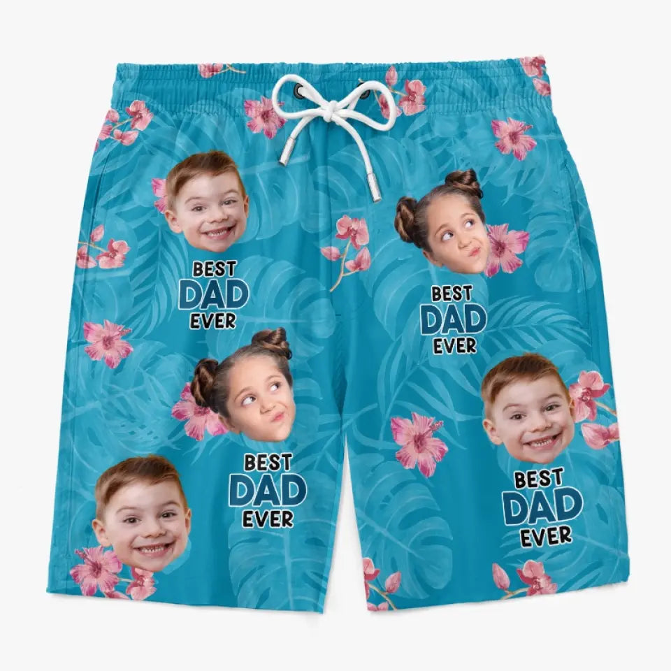 Short de plage hawaïen tropical personnalisé avec photo « Meilleur papa de tous les temps » - Cadeau de vacances d'été pour papa et grand-père