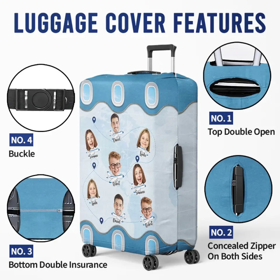 Housse de bagage personnalisée avec photos côte à côte, à la découverte du monde - Cadeau de vacances d'été pour les membres de la famille
