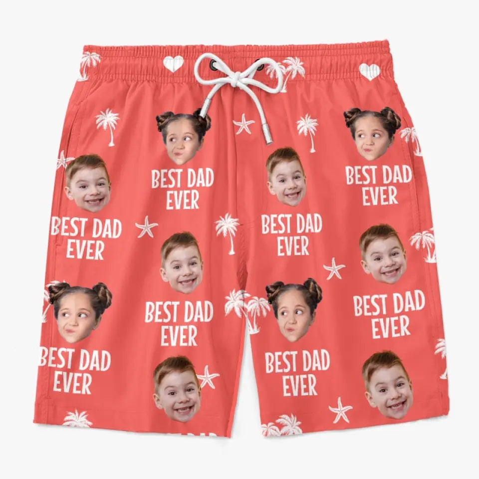 Photo personnalisée Bravant de nouveaux mondes en famille - Short de plage hawaïen tropical Aloha personnalisé pour hommes - Cadeau de vacances d'été pour papa et grand-père